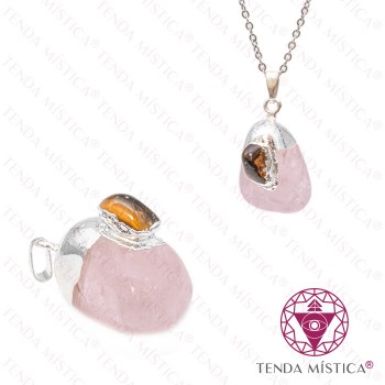 Pendente Quartzo Rosa & Olho Tigre Topo Prata