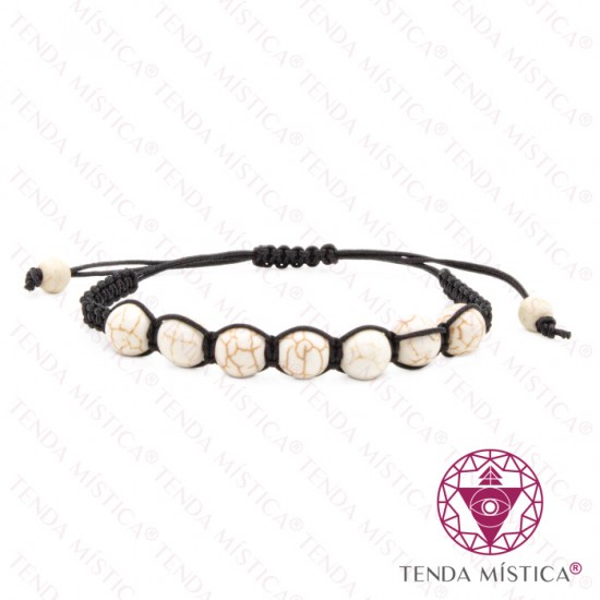 Pulseira Ajustável Macramé Howlite Branca 8mm