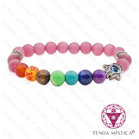 Pulseira Chakras Hamsa Olho de Tigre Rosa 8mm