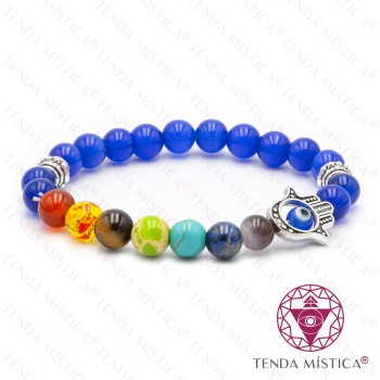 Pulseira Chakras Hamsá Olho de Gato Azul Escuro