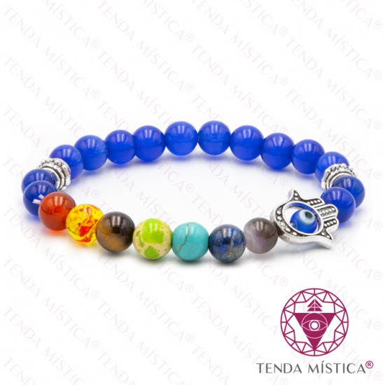 Pulseira Chakras Hamsá Olho de Gato Azul Escuro