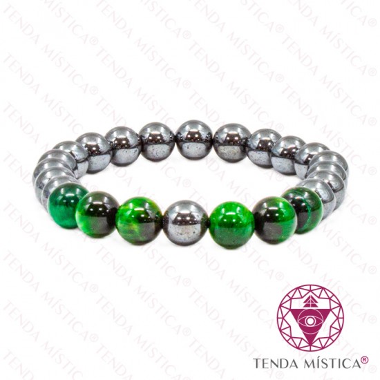 Pulseira Hematite + Olho de Tigre Verde 8mm
